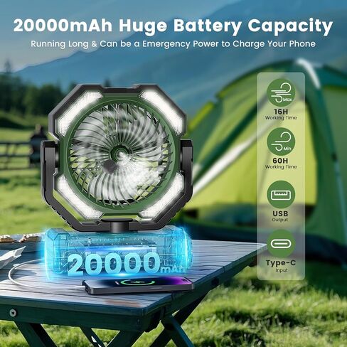 20000mAh Portable Misting Fan, USB Rechargeable Camping Fan with LED Light, Battery Operated for Outdoor, Tents, Beach, Travel - 250mL Water Tank & Hook Included, Black. in Kuwait