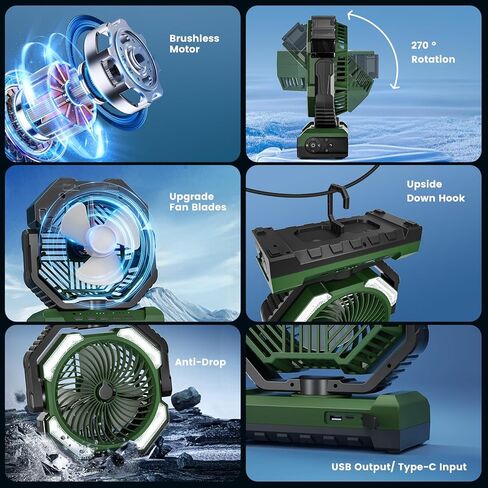 20000mAh Portable Misting Fan, USB Rechargeable Camping Fan with LED Light, Battery Operated for Outdoor, Tents, Beach, Travel - 250mL Water Tank & Hook Included, Black. in Kuwait