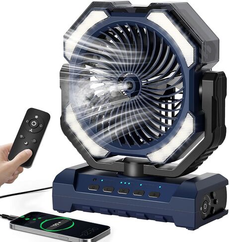 20000mAh Portable Misting Fan, USB Rechargeable Camping Fan with LED Light, Battery Operated for Outdoor, Tents, Beach, Travel - 250mL Water Tank & Hook Included, Black. in Kuwait