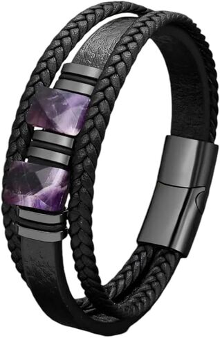 mkat Men's Genuine Leather Bracelet with Natural Stone, Natural Gemstone Bracelet, Black Leather Bracelet for Men, Amethyst Bracelet, Lapis Lazuli Bracelet, Cushion Cut Gemstone Bracelet in Saudi Arabia