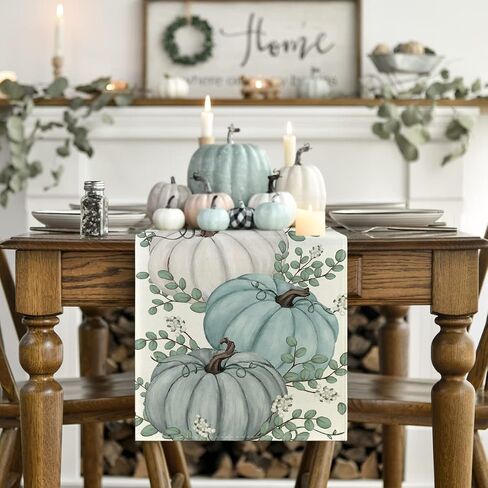Pumpkins Eucalyptus Leaves Fall Table Runner, Autumn Thanksgiving Kitchen Dining Table Decoration for Home Party Decor 13x72 Inch in Saudi Arabia