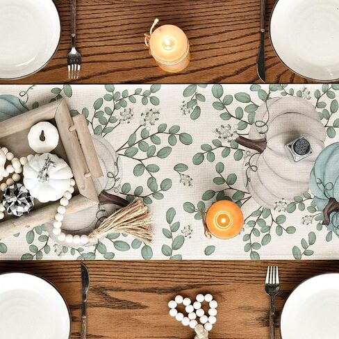 Pumpkins Eucalyptus Leaves Fall Table Runner, Autumn Thanksgiving Kitchen Dining Table Decoration for Home Party Decor 13x72 Inch in Saudi Arabia