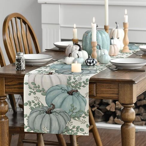 Pumpkins Eucalyptus Leaves Fall Table Runner, Autumn Thanksgiving Kitchen Dining Table Decoration for Home Party Decor 13x72 Inch in Saudi Arabia