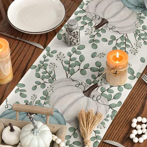 Pumpkins Eucalyptus Leaves Fall Table Runner, Autumn Thanksgiving Kitchen Dining Table Decoration for Home Party Decor 13x72 Inch in Saudi Arabia