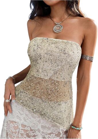 WDIRARA Women's Sparkle Sequin Tube Top Strapless Asymmetrical Bandeau Tops Party Rave Clubwear in Kuwait