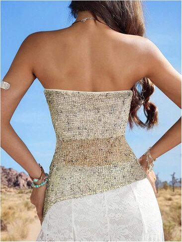WDIRARA Women's Sparkle Sequin Tube Top Strapless Asymmetrical Bandeau Tops Party Rave Clubwear in Kuwait