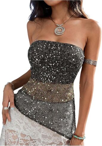 WDIRARA Women's Sparkle Sequin Tube Top Strapless Asymmetrical Bandeau Tops Party Rave Clubwear in Kuwait