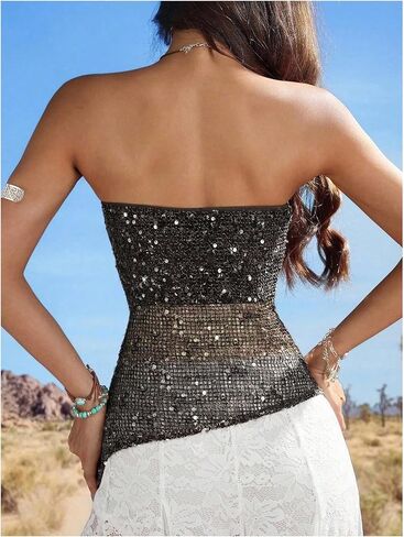 WDIRARA Women's Sparkle Sequin Tube Top Strapless Asymmetrical Bandeau Tops Party Rave Clubwear in Kuwait