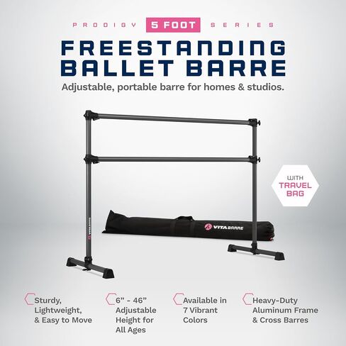 Vita Barre Portable Alepestanding Double Barre ، Prodigy ، مع Carry Bag | ارتفاع قابل للتعديل ، الولايات المتحدة الأمريكية المصنوعة ، معدات التمرين في المنزل أو الصالة الرياضية للأطفال والكبار | الرقص ، اللياقة ، بيلاتيس in Saudi Arabia