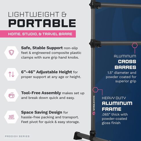 Vita Barre Portable Alepestanding Double Barre ، Prodigy ، مع Carry Bag | ارتفاع قابل للتعديل ، الولايات المتحدة الأمريكية المصنوعة ، معدات التمرين في المنزل أو الصالة الرياضية للأطفال والكبار | الرقص ، اللياقة ، بيلاتيس in Saudi Arabia