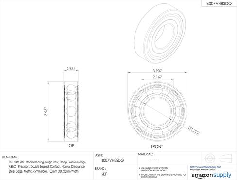 SKF 6309-2RS1 Radial Bearing, Single Row, Deep Groove Design, ABEC 1 Precision, Double Sealed, Contact, Normal Clearance, Steel Cage, Metric, 45mm Bore, 100mm OD, 25mm Width in Saudi Arabia