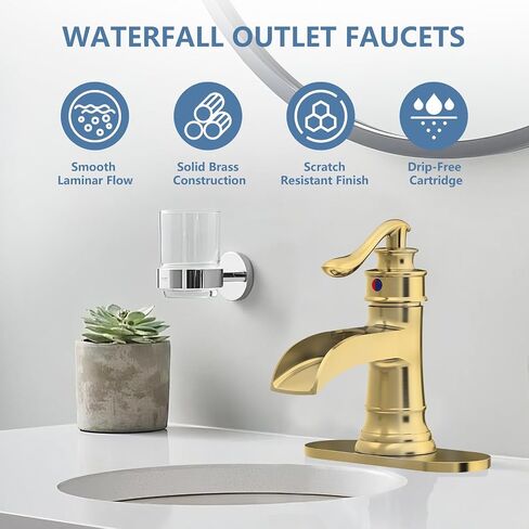 Homevacious Bathroom Faucet Copper Waterfall Bathroom Sink Faucets with Single Handle Rustic Vanity Farmhouse RV Faucet Suitable for 1 or 3 Holes with Pop-up Drain Deck Plate Hose in Kuwait