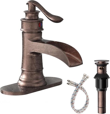 Homevacious Bathroom Faucet Copper Waterfall Bathroom Sink Faucets with Single Handle Rustic Vanity Farmhouse RV Faucet Suitable for 1 or 3 Holes with Pop-up Drain Deck Plate Hose in Kuwait