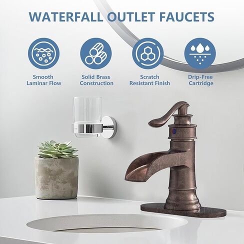Homevacious Bathroom Faucet Copper Waterfall Bathroom Sink Faucets with Single Handle Rustic Vanity Farmhouse RV Faucet Suitable for 1 or 3 Holes with Pop-up Drain Deck Plate Hose in Kuwait