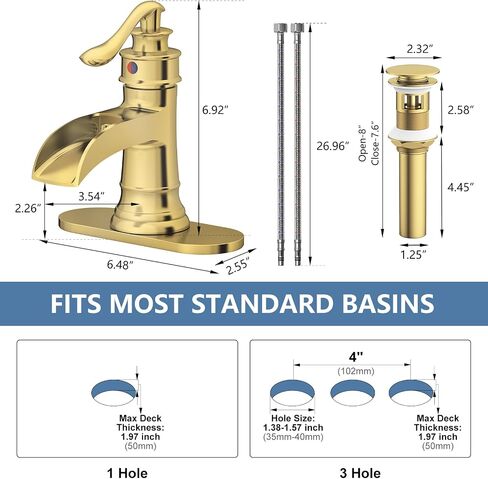Homevacious Bathroom Faucet Copper Waterfall Bathroom Sink Faucets with Single Handle Rustic Vanity Farmhouse RV Faucet Suitable for 1 or 3 Holes with Pop-up Drain Deck Plate Hose in Kuwait