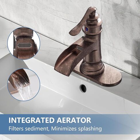 Homevacious Bathroom Faucet Copper Waterfall Bathroom Sink Faucets with Single Handle Rustic Vanity Farmhouse RV Faucet Suitable for 1 or 3 Holes with Pop-up Drain Deck Plate Hose in Kuwait