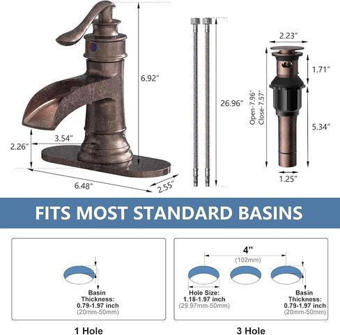 Homevacious Bathroom Faucet Copper Waterfall Bathroom Sink Faucets with Single Handle Rustic Vanity Farmhouse RV Faucet Suitable for 1 or 3 Holes with Pop-up Drain Deck Plate Hose in Kuwait