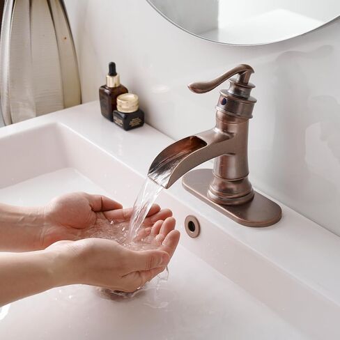 Homevacious Bathroom Faucet Copper Waterfall Bathroom Sink Faucets with Single Handle Rustic Vanity Farmhouse RV Faucet Suitable for 1 or 3 Holes with Pop-up Drain Deck Plate Hose in Kuwait