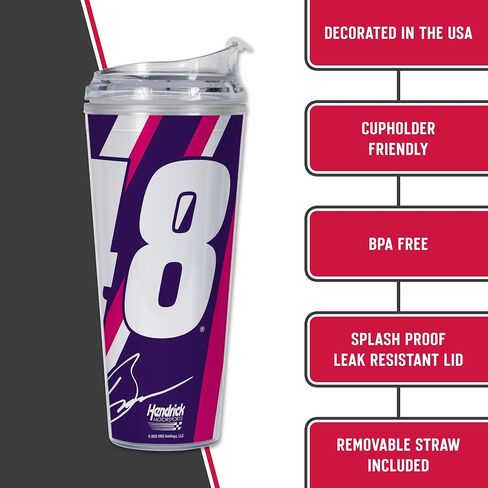 Rico Industries NASCAR RACING 24oz من البهلوان الأكريليك مع غطاء مفصلي ، مرخص رسميًا من البهلوان المزدوج الجدار مع القش in Saudi Arabia