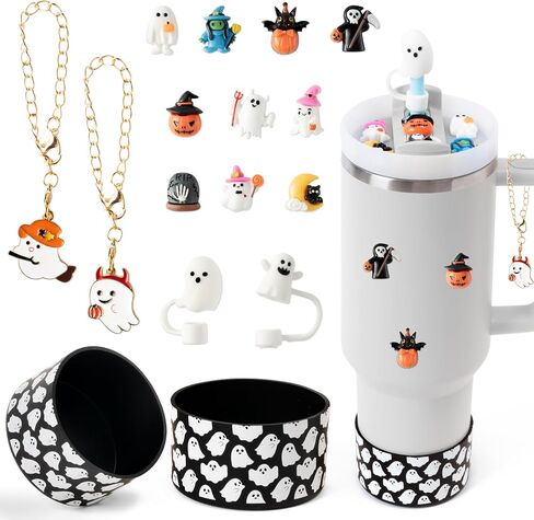 R HORSE Halloween Stanley Cup Accessories - 2Pcs Cute Silicone Boot for Stanley Cup 30 40 oz Tumblers, 2Pcs Spill Proof Ghost Straw Toppers Covers, 10Pcs Halloween 3D Stickers, 2Pcs Handle Charms Gift in Saudi Arabia