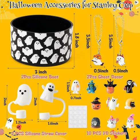 R HORSE Halloween Stanley Cup Accessories - 2Pcs Cute Silicone Boot for Stanley Cup 30 40 oz Tumblers, 2Pcs Spill Proof Ghost Straw Toppers Covers, 10Pcs Halloween 3D Stickers, 2Pcs Handle Charms Gift in Saudi Arabia