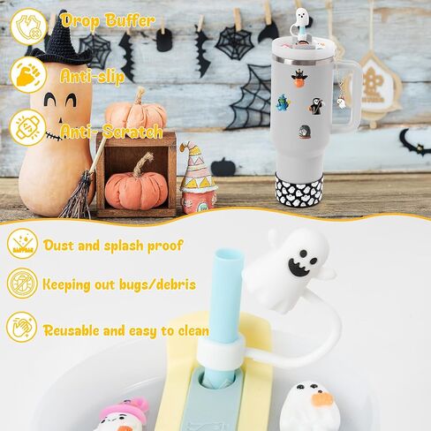 R HORSE Halloween Stanley Cup Accessories - 2Pcs Cute Silicone Boot for Stanley Cup 30 40 oz Tumblers, 2Pcs Spill Proof Ghost Straw Toppers Covers, 10Pcs Halloween 3D Stickers, 2Pcs Handle Charms Gift in Saudi Arabia