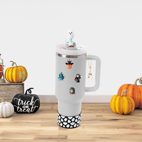 R HORSE Halloween Stanley Cup Accessories - 2Pcs Cute Silicone Boot for Stanley Cup 30 40 oz Tumblers, 2Pcs Spill Proof Ghost Straw Toppers Covers, 10Pcs Halloween 3D Stickers, 2Pcs Handle Charms Gift in Saudi Arabia