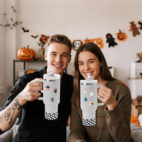 R HORSE Halloween Stanley Cup Accessories - 2Pcs Cute Silicone Boot for Stanley Cup 30 40 oz Tumblers, 2Pcs Spill Proof Ghost Straw Toppers Covers, 10Pcs Halloween 3D Stickers, 2Pcs Handle Charms Gift in Saudi Arabia