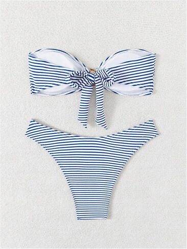 Women's 2 Piece Strapless Striped Bikini Sets Tie Backless Bandeau Bra Bathing Suit Boho Swimsuit in Saudi Arabia