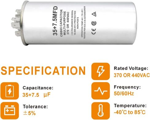 CBB65 Round Dual Run Dircular START CAPACITOR ، 35 + 7.5 UF/MFD ± 5 ٪ 370V/440VAC COMPACITOR CAPACITION لضاغط AC Run Fan Start Contenser Cool/Heat (35 + 7.5 UF) in Kuwait
