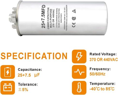 CBB65 Round Dual Run Dircular START CAPACITOR ، 35 + 7.5 UF/MFD ± 5 ٪ 370V/440VAC COMPACITOR CAPACITION لضاغط AC Run Fan Start Contenser Cool/Heat (35 + 7.5 UF) in Kuwait