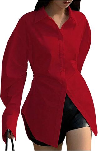 Wdirara Women's Button أسفل بلوزة طويلة الأكمام قميص قميص قميص عرضية العمل TUNIC TOP in Kuwait