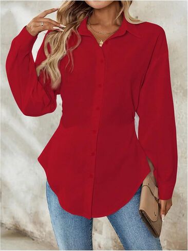 Wdirara Women's Button أسفل بلوزة طويلة الأكمام قميص قميص قميص عرضية العمل TUNIC TOP in Kuwait