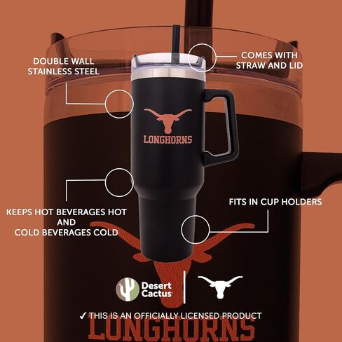 University Desert Cactus University Texas Longhorns ut austin مقبض كبير معزول من الفولاذ المقاوم للصدأ المقبض القابل لإعادة استخدام كوب مزدوج المسورة الساخنة المحفورة بالليزر (40 أوقية أونصة تومل) in Saudi Arabia