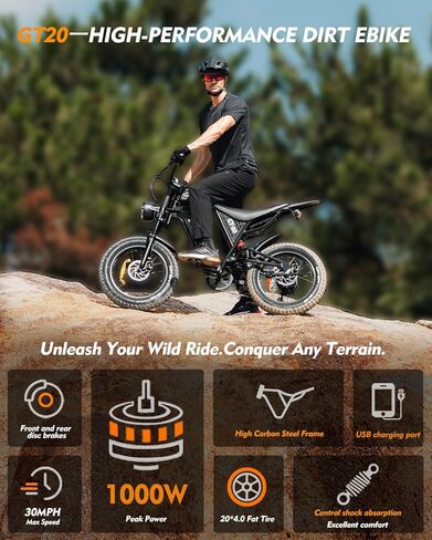 Electric Bike for Adults, 20''*4.0'' Fat Tire 1000W Peak Ebike, Up to 45 Miles 30MPH Mountain Ebike with 48V15.6Ah/374.4WH Removable Battery, Dual Disc Brakes Dirt E-bike Center shock absorber 7-Speed in Saudi Arabia
