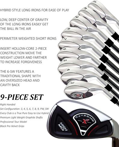 High MOI +1 inch Over Big & Tall Senior Men's Complete 9-Piece Iron Set (3-SW) Right Handed Senior Flex A Flex Club (Tall 6'0"+ / +1" Over) with Midsize Black Pro Velvet Grip in Saudi Arabia