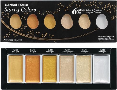 Kuretake GANSAI TAMBI STARRY/PEARL/GEM 6 Colors Set, Watercolor Paint Set, Gold, Silver, Mica, Water Colors for Adult, AP-Certified, Show up on dark papers, Made in Japan in Kuwait
