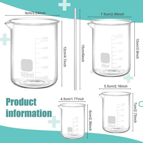 Jetec 5 Pieces Borosilicate Glass Lab Beaker with Stirring Rod, 4 Sizes of 50/100/250/500 ml Thick Glass Beakers for Science Lab Chemistry Supplies in Saudi Arabia