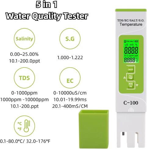 Water Tester for Saltwater, C-100 5 in 1 Salinity TDS EC Seawater Salinity Tester Digital Water Quality Tester with Backlight for Drinking Water, Aquarium, Swimming Pool in Saudi Arabia