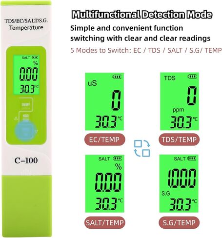 Water Tester for Saltwater, C-100 5 in 1 Salinity TDS EC Seawater Salinity Tester Digital Water Quality Tester with Backlight for Drinking Water, Aquarium, Swimming Pool in Saudi Arabia
