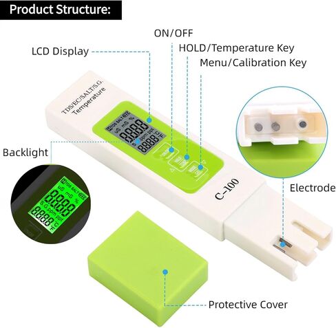Water Tester for Saltwater, C-100 5 in 1 Salinity TDS EC Seawater Salinity Tester Digital Water Quality Tester with Backlight for Drinking Water, Aquarium, Swimming Pool in Saudi Arabia