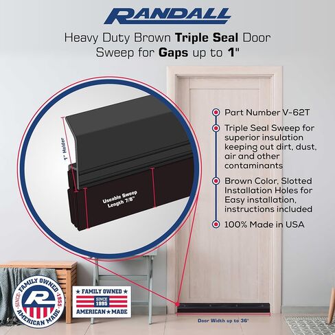 Brown Heavy Duty Silver Triple Seal Door Sweep for Gaps up to 1" Made in USA V-62T-BR (3 FT Long) in Kuwait