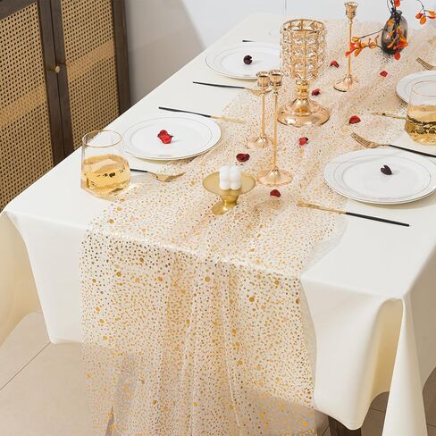 28In x 10 Ft Gold Table Runners, Sheer Chiffon Tulle Cheesecloth with Glitter Metallic Foil, Golden Sequin Gauze Runner for Wedding, Birthday, Baby Shower, Anniversary Party Decor, Lace in Saudi Arabia