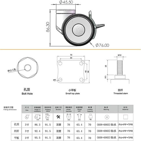 3inch Mute Universal Plastic Caster Wheel Top Screw Hole,M12mm Mute Wear-Resistant 2Pcs(No Brake) in Saudi Arabia