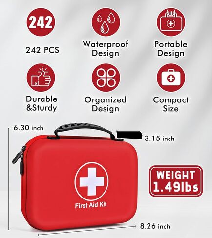 242Pcs Compact First Aid Kit, Waterproof Hard Shell Eva Medical Kits, All-Purpose Portable Trauma First Aid Kit for Boat, Home, Car, Travel, Camping, Hiking and Outdoor Emergencies(Red) in Saudi Arabia