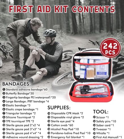 242Pcs Compact First Aid Kit, Waterproof Hard Shell Eva Medical Kits, All-Purpose Portable Trauma First Aid Kit for Boat, Home, Car, Travel, Camping, Hiking and Outdoor Emergencies(Red) in Saudi Arabia