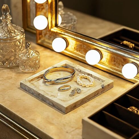 Natural Turkish Travertine Square Stone Accessory Tray for Jewelry, Perfume, Key Decorative Tray for Living Room, Bathroom, Kitchen & Office (Silver) in Saudi Arabia