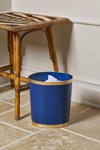 Jaye's Studio Decorative Waste Basket for Bathroom Trash Can Wastebasket, Oval Metal Trash Bin for Bedroom, Office, Blue Garbage Can for Dorm, Blue Trash Can Gold Office Decor, 12" x 10" x 8" in Saudi Arabia