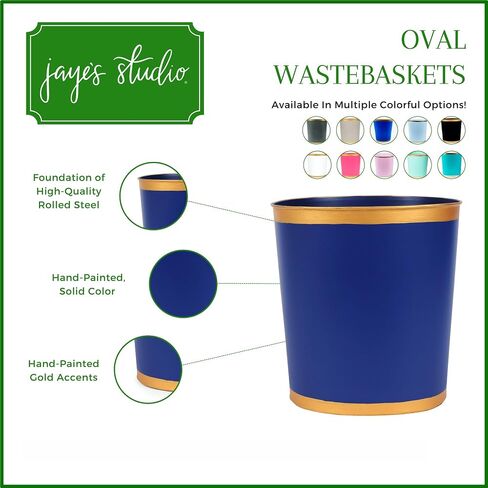 Jaye's Studio Decorative Waste Basket for Bathroom Trash Can Wastebasket, Oval Metal Trash Bin for Bedroom, Office, Blue Garbage Can for Dorm, Blue Trash Can Gold Office Decor, 12" x 10" x 8" in Saudi Arabia