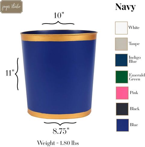 Jaye's Studio Decorative Waste Basket for Bathroom Trash Can Wastebasket, Oval Metal Trash Bin for Bedroom, Office, Blue Garbage Can for Dorm, Blue Trash Can Gold Office Decor, 12" x 10" x 8" in Saudi Arabia